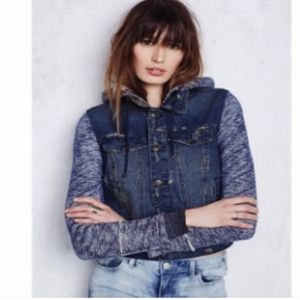 Free People Mixed Fabric Distressed Jean Jacket L